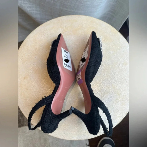 New Amina Muaddi Black Tweed Slingback Heel Pump with Square Jewel, sz 36EU - Picture 6 of 7